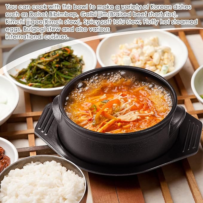 2 Pcs Korean Stone Pot Clay Cooking Pot Set Ceramic Sizzling Hot Bowl Korean Bibimbap Soup Dolsot Bowl with Lids for Ttukbaegi and Koreans Stew (38 oz)