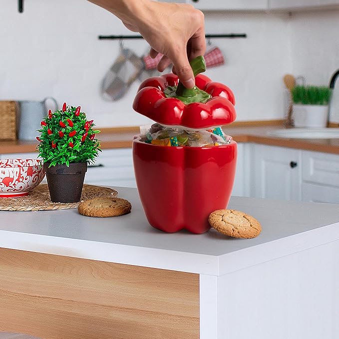 Bell Pepper Food Storage Jar, Red Ceramic Cookie Jar with Lid, Unique Decorative Candy Container Jar, Kitchen Canister Decorations for Home Kitchen Special Housewarming Gift