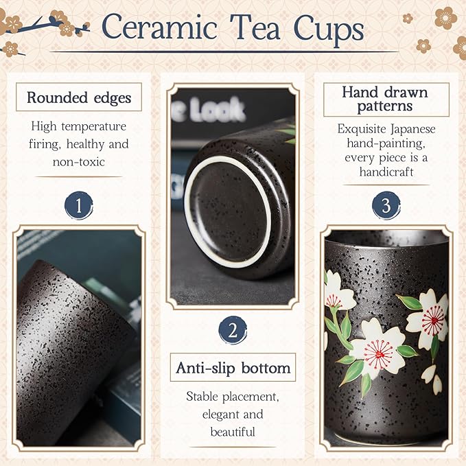 Qinyoung 4 Pcs Japanese Tea Cups 10 oz Ceramic Christmas Japanese Gifts Chinese Restaurant Sakura Teacups No Handles Japan Mug Souvenirs for Tea Latte Coffee Juice