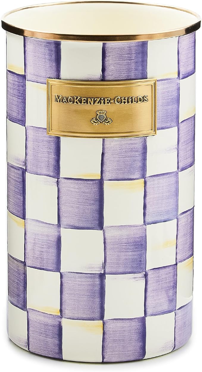 MACKENZIE-CHILDS Enamel Utensil Holder, Stylish Kitchen Countertop Organizer, Purple-and-White Violet Check