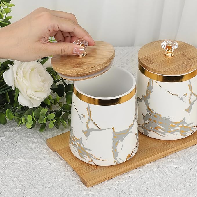 JUXYES Set of 3 Canisters Set for Sugar Coffee Tea with Airtight Lid, Ceramic Storage Containers Sets White Storage Pots with Tray Storage Jar Decorative Canisters Sets for for Kitchen Counter