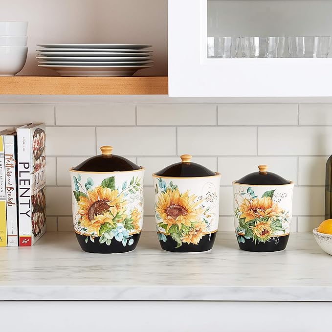Sunflower Fields 3-Piece Ceramic Canister Set with Airtight Lids – Decorative Floral Storage Jars for Kitchen Counter, Pantry, Coffee, Sugar, Flour, and More – 52 oz, 74 oz, 96 oz