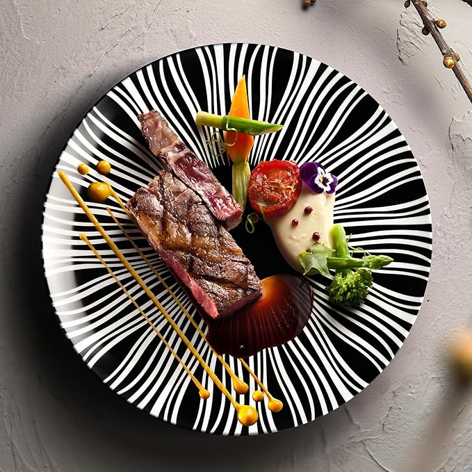 Black and White Striped Ceramic Plates Set of 6-6 Inch Zebra Pattern Dessert & Appetizer Plates, Minimalist Porcelain Dish Set, Microwave, Oven & Dishwasher Safe