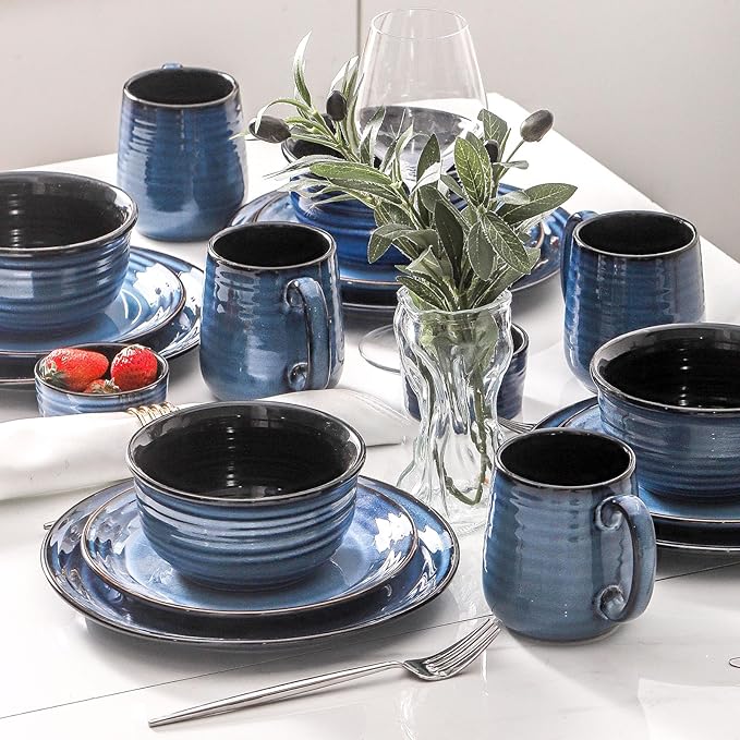 HASENSE Salad Dessert Plates, 8 Inch Ceramic Dinner Plate Set of 6, Small Round Serving Dishes for Appetizer, Fruit, Cake, Snack, Blue Reactive Glaze Kitchen Gift, Microwave Dishwasher Safe