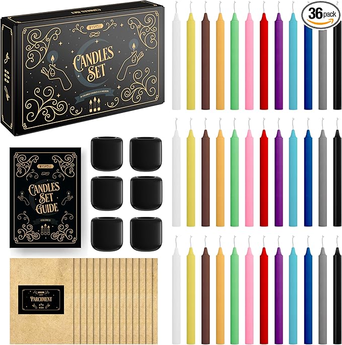 WYSPELL 36 Colored Spell Candles | 5" x 1/2" | Taper Candles Kit for Witchcraft & Decor | 6 Chime Candle Holders | Wiccan Supplies & Candlesticks Set - 20-60 Minutes