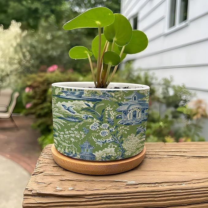 Planters Ceramic Turquoise Green Chinoiserie Floral and Bird Pots With Drainage Holes - Round Flowerpot With Bamboo Tray for Succulent and Little Snake Plants - Gift for Nana Grandma