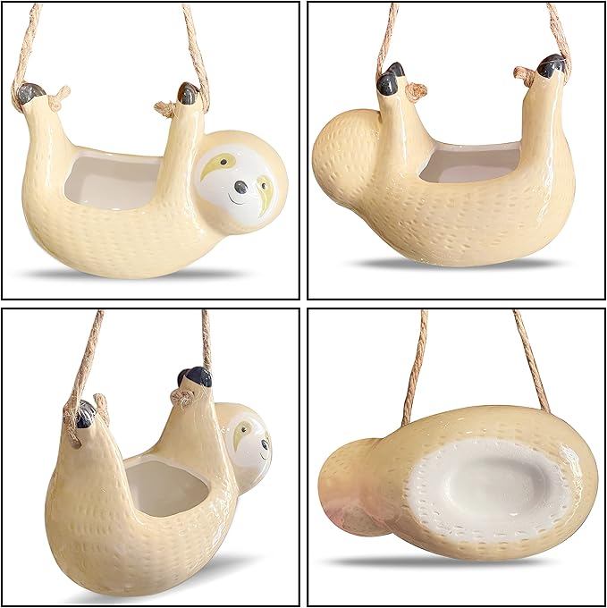 Hanging Sloth Plant Holder - Succulent Pots - Ceramic Sloth Planter - Funny Planters for Indoor Plants - Animal Air Planter - Sloth Plant Pot - Beige