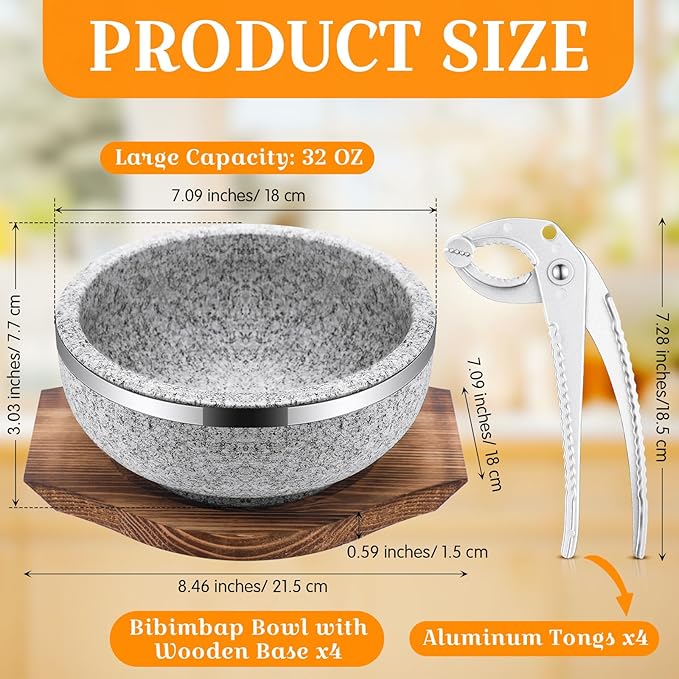 Lallisa 4 Set Dolsot Bibimbap Stone Bowl with Wood Base and Aluminum Tongs Dolsot Pot Stone Bowls Sizzling Hot Pot for Korean Restaurants, Soup, Rice, Stew (32 oz)