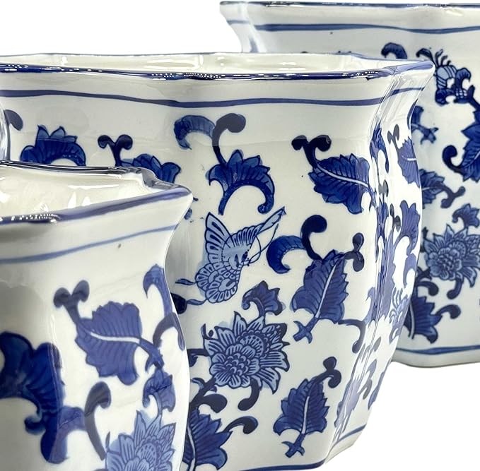 Galt International Blue & White Round Fluted Floral Porcelain Ceramic Plant Flower Planter Pot Set of 3 (7.5", 10", 13") Garden Pots Chinese Asian Design