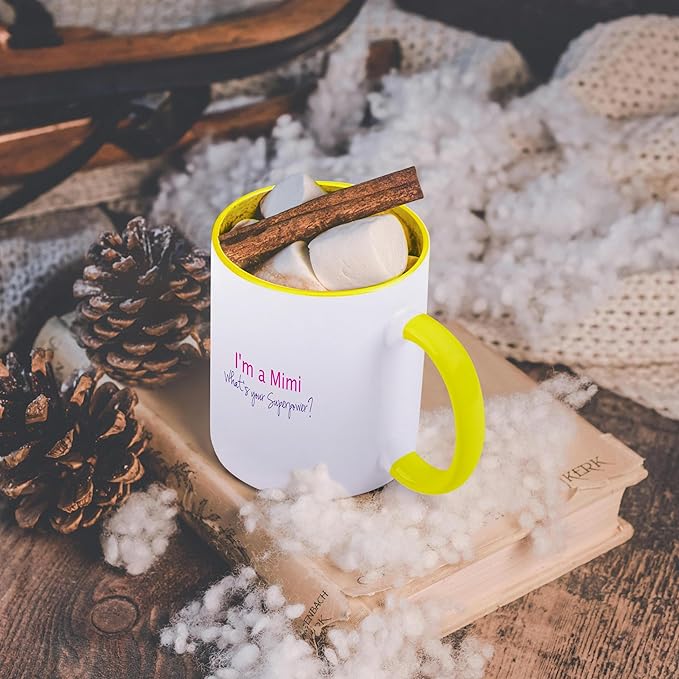 3dRose Im a Mimi. Whats your Superpower - hot pink - funny gift for grandma 15oz Two-Tone Yellow Mug
