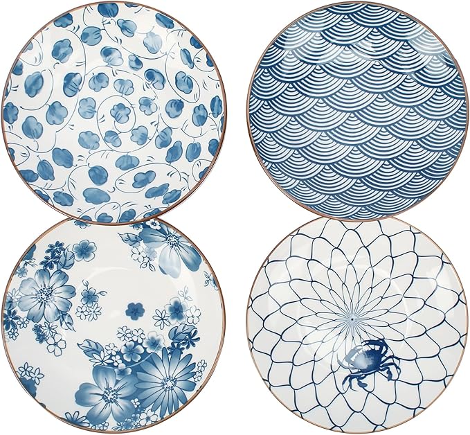 Small Ceramic Salad Plates Set of 4, 7 Inch (13oz) Japanese Appetizer Plates for Sushi Snacks, Dessert Plates for Cake Fruit, Blue & White Dinnerware, Microwave Dishwasher Safe