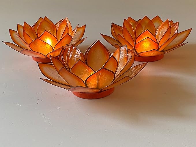 Om Gallery Capiz Shell Lotus Flower Decor Tealight Candle Holder for Serene Ambiance - Handmade Decorative Candle Holders for Meditation, Yoga, and Relaxation, Mango