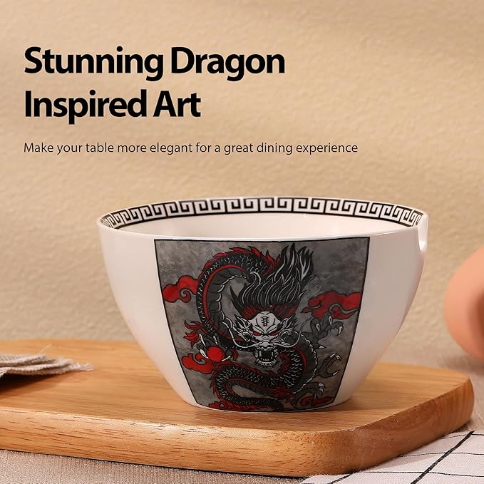 Hagary Dragon Ramen Bowl with Chopsticks Ceramic Bowl Stainless Steel Chopsticks Japanese Style Soup Bowls Housewarming Wedding Gifts Designed in Korea (With Chopsticks) (Black, 30 oz - 1pc)
