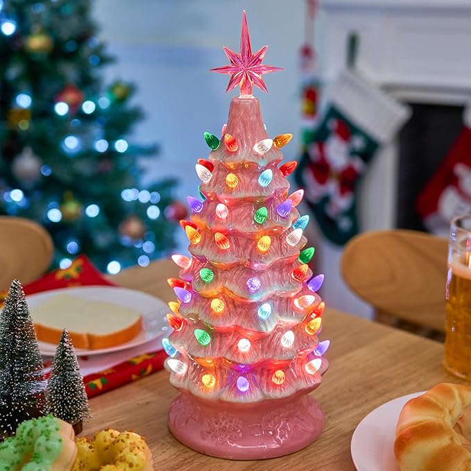 Joiedomi 15" Ceramic Christmas Tree, Table Top Christmas Decor with Star Topper, Vintage Pre-lit Xmas Tree with Multicolored LED Lights, Battery Operated Hand-Painted Xmas Decorations Indoor Home