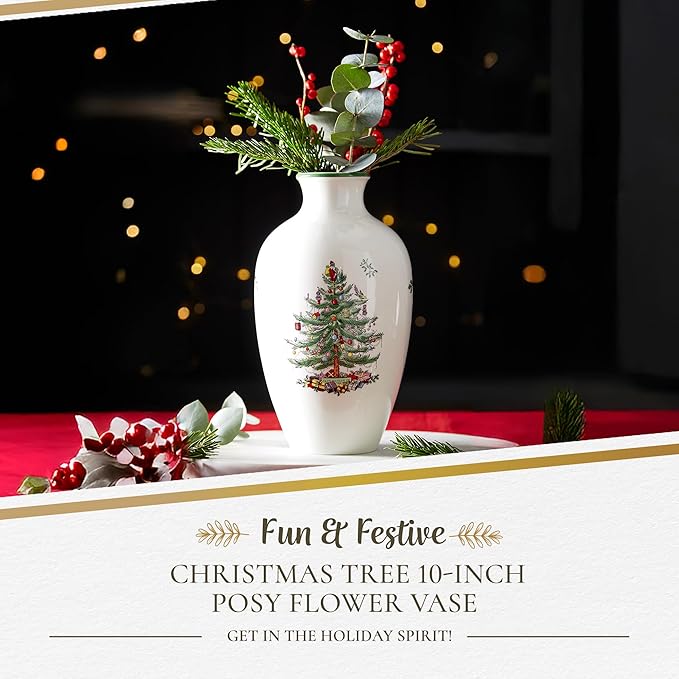 Spode Christmas Tree 10" Posy Vase - Elegant Ceramic Flower Vase, Holiday Centerpiece for Floral Arrangements & Home Decor - Beautiful Handcrafted Accent for Festive Decorations