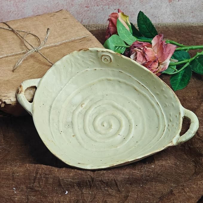 Retro Free-Form Edge Decorative Bowl Ceramic Fruit Bowl with Handle，Matte Farmhouse Cutlery Serving Bowls,Salad Bowl,Table Centerpiece Decor，Housewife/Handmade Gift Box