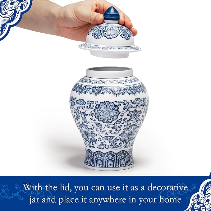 10 Inches Blue and White Ginger Jars with Lid, Small Chinoiserie Porcelain for Home Room Office Decoration, Jingdezhen Art Decor Vase (Unglazed)