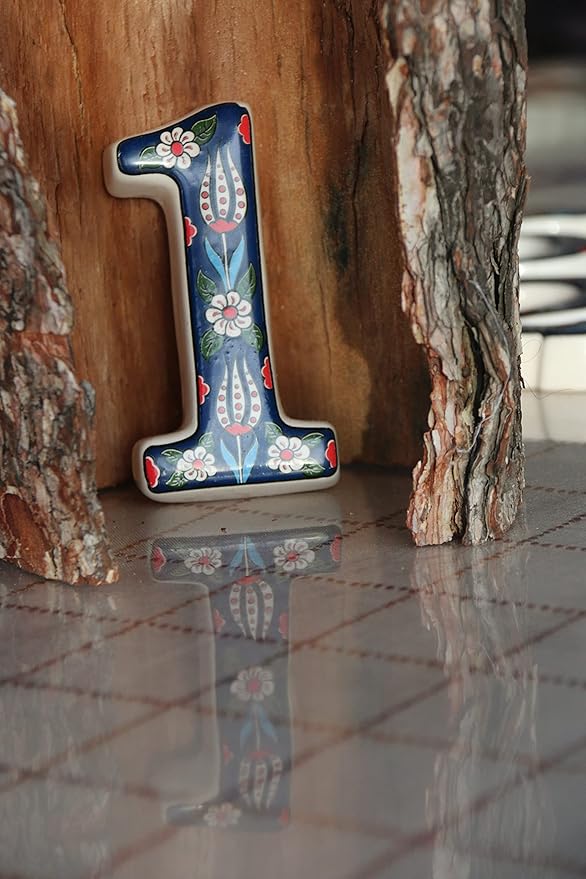 Large Ceramic Housewarming Sign Ceramic Address Plaque House Numbers Sign Door Personalized Coloured Decorative Hand Decoratede Housewarming Gifts Tulip Design 12 * 9 cm (Navy Blue, 1)