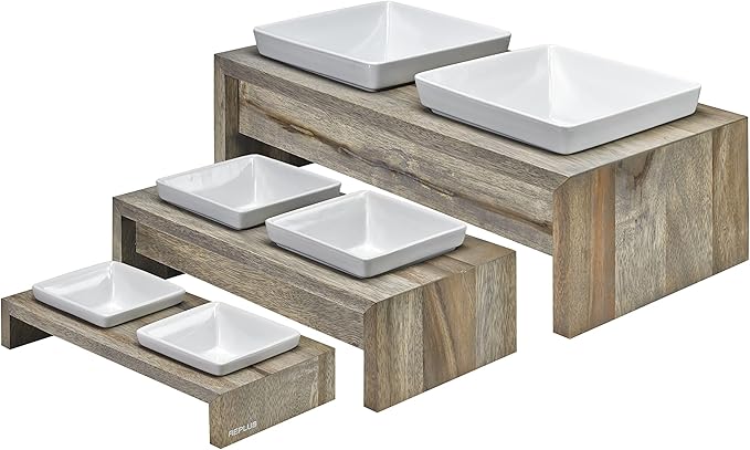 Bowsers Artisan Diner Double Dog Feeder - Handcrafted Rubberwood Frame with Square Ceramic Bowls Feeder for Dogs - Fossil, Extra Small, 12" x 6" x 2"