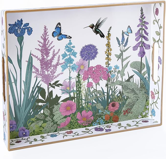 Serving Tray with Handles, Rectangular Plastic Tray 15.75x11.81 Inch, Wildflower, Butterflies & Hummingbirds Style Decorative Tray for Kitchen, Dining Table, Vanity, Office & Home