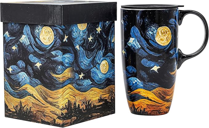 DUSVALLY Ceramic Tall Coffee Mug, Friends Coffee Cup Gift Set, Travel Mug with Lid for Office and Home, Porcelain Mug Unique Gifts for Women and Man, Moon Night, Color Box, 17 oz