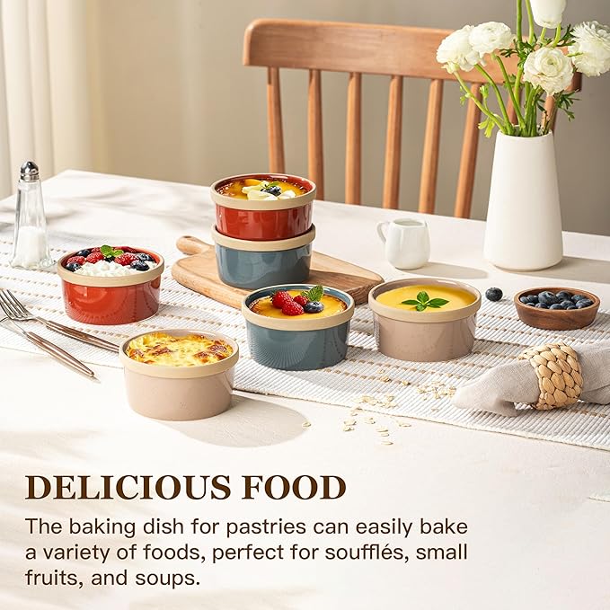 Ramekins 8 Oz Oven Safe, Ceramic Creme Brulee Souffle Dishes, Pudding Custard Cups Ramekin For Baking, Small Dipping Sauce Bowls, Set of 6, Microwave and Dishwasher Safe (Artisan Colors)