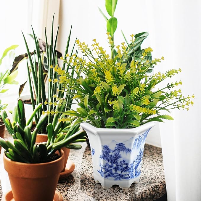 Blue and White Porcelain Plant Pot, Asian Ceramic Succulent Planter for Indoor Balcony, Oval Small Garden Planter with Decorative Floral Pattern