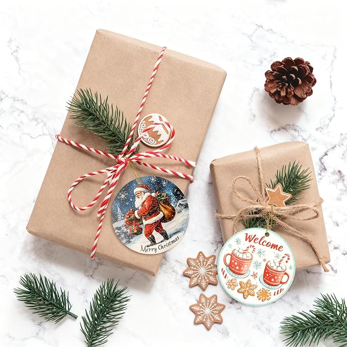 6pcs Christmas Hanging Ornaments Set,3.4" Santa Claus Ornaments Ceramic Hanging Ornaments for Christmas Tree Decoration Winter Holiday Xmas Decorations,Keepsake Gifts for Family