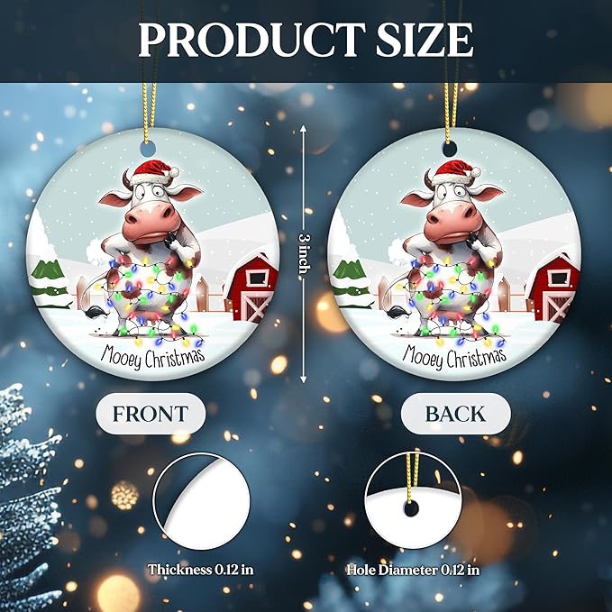 Cow Ornament 2025, Mooey Christmas – Funny Farmhouse Christmas Tree Decoration, Cute Cow Tangled in Lights, Rustic Barn Winter Scene, Ceramic Holiday Ornament for Cow Lovers, Farmers