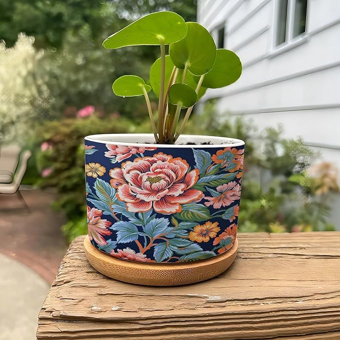 Bright and Chinoiserie Ceramic Planters Coral Peony Floral Flower Pots for Indoor Plants with Drainage Holes and Saucers Pot for Indoor Outdoor Garden