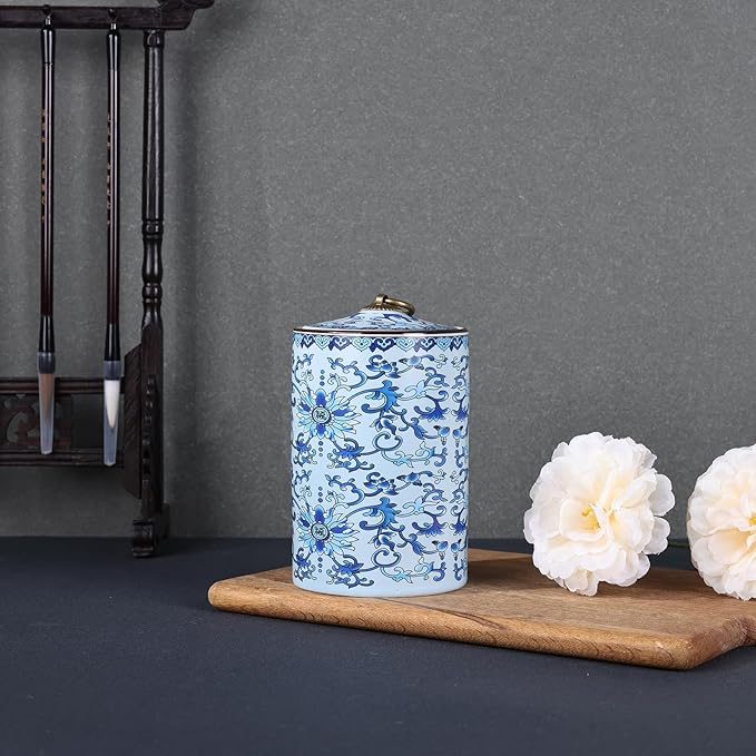 Chinoiserie Porcelain Decorative Jar with Lid,Home Decor Accent, Kitchen Canning Container, Jar for Loose Tea, Pen Holder,21oz Ceramic Vase & Storage Jar (FQL Jar)