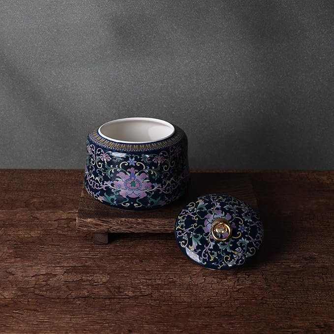 Handmade Chinoiserie Enamel Ginger Jar with Lid,Decorative Storage Jar for Loose Tea,Nuts & Snacks,Ceramic Vase Style Home Decor Canister,Colorful Jar for Kitchen,Living Room (Blue Jar)