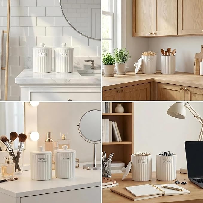 White Ceramic Bathroom Organizer and Storage Jars with Lid, 2 Pack Qtip Holder and Cotton Pad Dispenser, Apothecary Canisters for Vanity, Kitchen Countertop, Home Decor