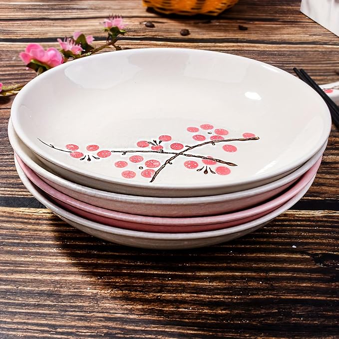 Set of 4 Japanese-Style Ceramic Plates – 7 Inch Asian-Inspired Dinner Plates with 4 Unique Patterns, Microwave & Dishwasher Safe, Handcrafted Artisan Designs, Elegant Tableware for Home Dining & Gifts