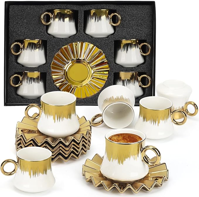 Coffee Cup Set of 6 with Saucers, 3.5 OZ Ceramic Espresso Cups, Deco Gold Trim Coffee Cup Gift for Cappuccino, Latte, Cafe Mocha and Tea, Dishwasher & Microwave Safe (White and Gold)