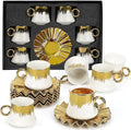 Coffee Cup Set of 6 with Saucers, 3.5 OZ Ceramic Espresso Cups, Deco Gold Trim Coffee Cup Gift for Cappuccino, Latte, Cafe Mocha and Tea, Dishwasher & Microwave Safe (White and Gold)