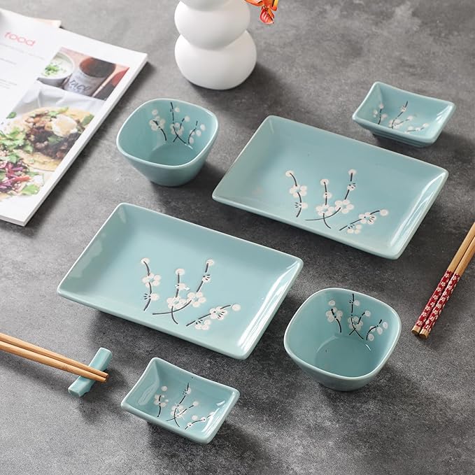 10 pcs Japanese Sushi Plate Sets Serving Platters and Trays for Entertaining Sushi Dishes Set Plates Sushi Plates Traditional Cuisine Dinnerware Sets with Chopsticks Blue Plum