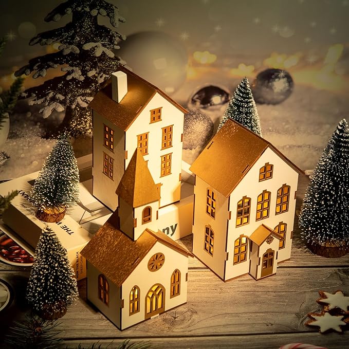 7 Pcs Christmas Village Figurines Sets - 3 LED Lighted Houses with Remote Control & 4 Trees - Christmas Decorations Indoor - Xmas Holiday Farmhouse Rustic Decor for Table Room