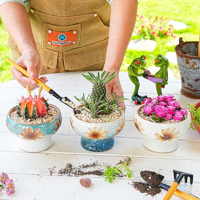 Sungmor Small Succulent Planters Set of 3, Beautiful Hand Crafted Ceramic Plant Pots Cute Cactus Pot, 4.9 Inch Flower Pots for Indoor Plants with Drainage, Desktop Windowsill Home Office Decor Pots
