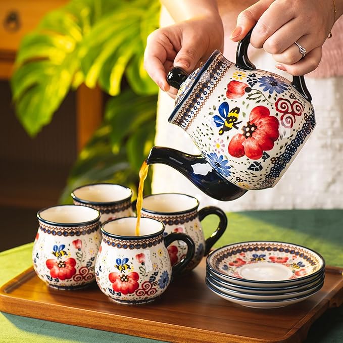 polish pottery style porcelain ceramic 10 piece Tea set,7.2oz tea cup and sauce set of 4,28.2oz teapot and 1wooden tray (Honey Bee Flower)