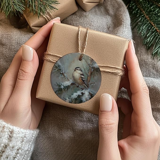 Vintage Rustic Winter Bird Ceramic Ornament Gifts, Farmhouse Christmas Snowy Forest Bird Decorative Hanging Ornaments for Xmas Tree Holiday Party Decoration, Winter Xmas Tree Decorations
