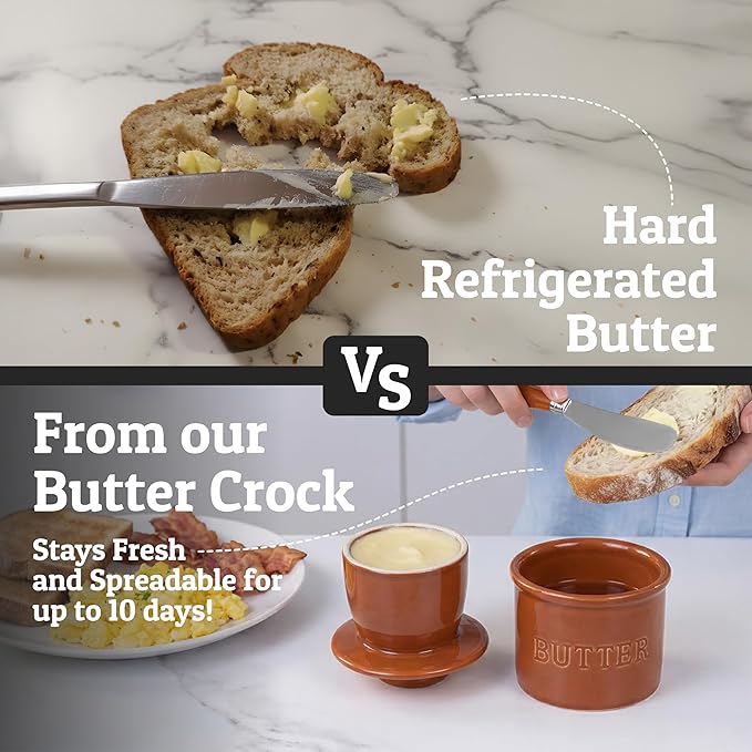 PriorityChef Butter Crock with Lid with Water Line,Ceramic French Butter Dish to Leave On Counter, Rust