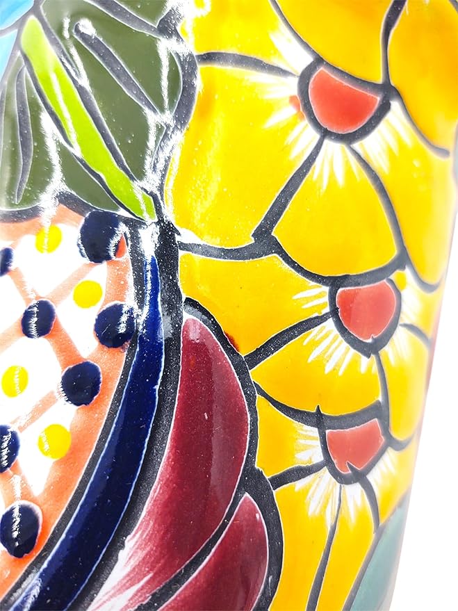 Cactus Canyon Ceramics Talavera Planter, Hand-Painted Mexican Traditional Ceramic Pot with Drainage Hole, Indoor Outdoor Rustic Botanical Terracotta, 7 Inch, Red Multicolor