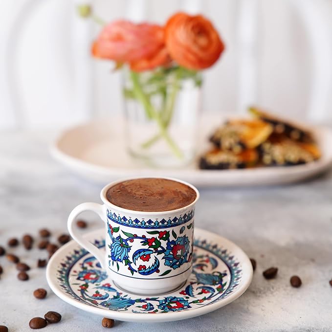 Turkish Coffee Cups Set of 2 with Saucers and Cup Holder, Ceramic Espresso Cups, Perfect for Serving Arabic Coffee – White & Blue Pattern