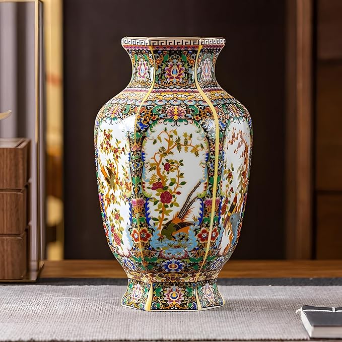 Antique Ceramic Vase - 9.8 Inch Vintage Famille Rose & Enamel Floral Bird Porcelain Vase, Chinese Home Decor, New House Gift for Study Room, Curio Cabinet, Bar Cabinet Decor