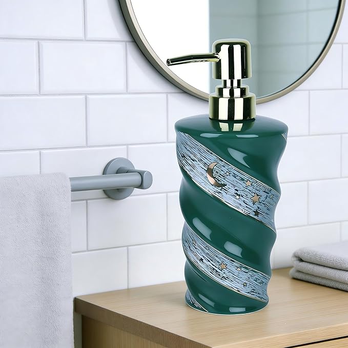 Bathroom Soap Dispenser, Large Capacity Ceramic Dispenser with Spiral Galaxy Design - Refillable Press Pump Bottle for Bathroom & Kitchen (14oz, Green)