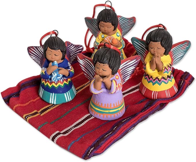 NOVICA Artisan Handmade Ceramic Ornaments Unique Central American Set of 4 Assorted Guatemala Holiday Decor Christmas Angel [ 3.5in H x 2.4in W x 1.8in D Bag 7in L x 5.5in W] ' Angels' Set of 4