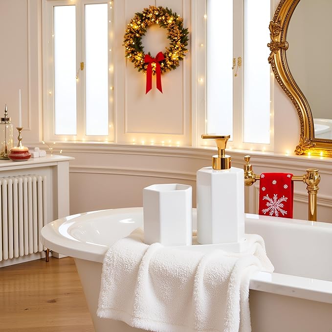 Ceramic Bathroom Accessories Complete with Soap Dispenser, Toothbrush Holder, Bathroom Tumbler, and Vanity Tray - Modern Bathroom Decor,3PCS (Gold)