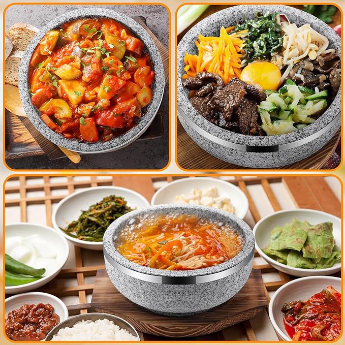 Lallisa 2 Set Dolsot Bibimbap Stone Bowl with Wood Base and Aluminum Tongs Dolsot Pot Stone Bowls Sizzling Hot Pot for Korean Restaurants, Soup, Rice, Stew(32 oz)