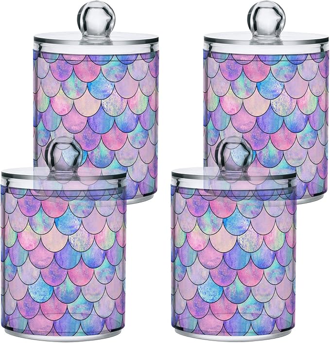 MNSRUU 4 Pack Qtip Holder Organizer Dispenser Colorful Mermaid Scales Bathroom Containers Bathroom Vanity Storage Canister Apothecary Jars for Cotton Swabs/Pads/Floss
